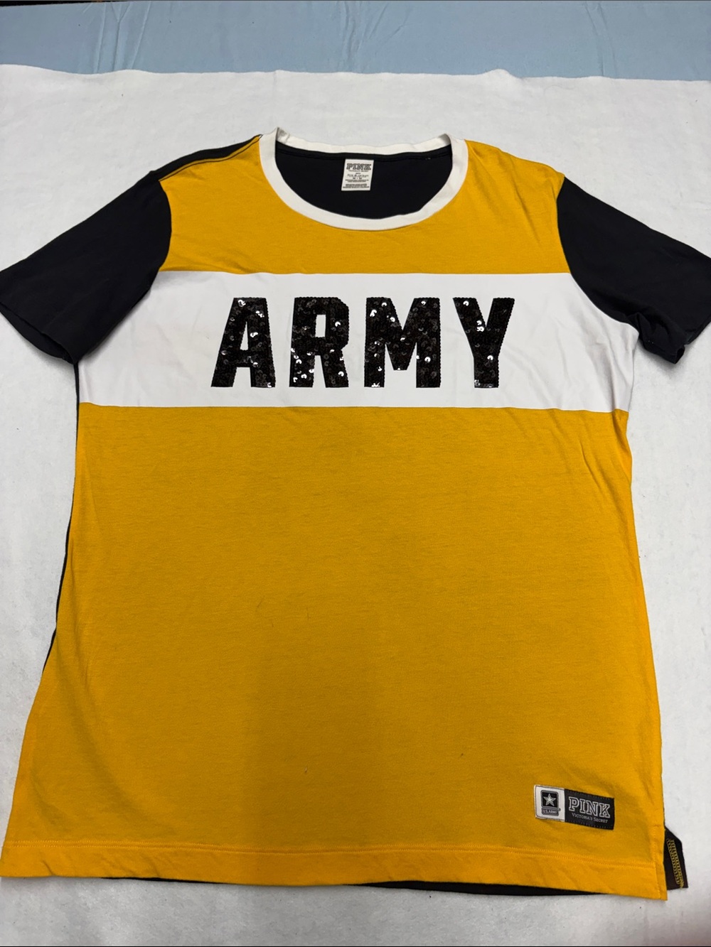 PINK Victoria's Secret Yellow, White & Black ARMY Sequin Collegiate/Military M